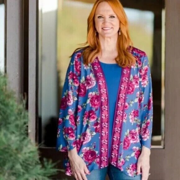 Pioneer Kimono Blue Floral Print Embroidered Open Front - Picture 2 of 10